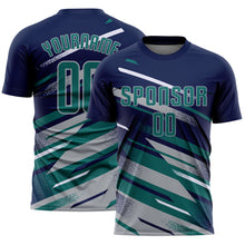 Charger l'image dans la galerie, Custom Navy Teal Gray-White Grunge Stripe And Grainy Sports Sublimation Soccer Uniform Jersey