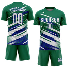 Загрузить изображение в средство просмотра галереи, Custom Kelly Green White-Royal Grunge Stripe And Grainy Sports Sublimation Soccer Uniform Jersey