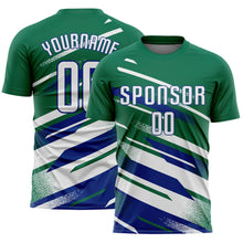 Загрузить изображение в средство просмотра галереи, Custom Kelly Green White-Royal Grunge Stripe And Grainy Sports Sublimation Soccer Uniform Jersey