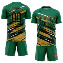 Загрузить изображение в средство просмотра галереи, Custom Kelly Green Black Old Gold-White Grunge Stripe And Grainy Sports Sublimation Soccer Uniform Jersey