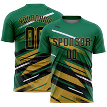 Загрузить изображение в средство просмотра галереи, Custom Kelly Green Black Old Gold-White Grunge Stripe And Grainy Sports Sublimation Soccer Uniform Jersey