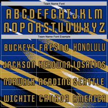 Load image into Gallery viewer, Custom Royal Old Gold Black-White Grunge Stripe And Grainy Sports Sublimation Soccer Uniform Jersey