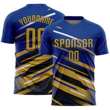 Load image into Gallery viewer, Custom Royal Old Gold Black-White Grunge Stripe And Grainy Sports Sublimation Soccer Uniform Jersey