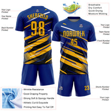 Загрузить изображение в средство просмотра галереи, Custom Royal Gold Black-White Grunge Stripe And Grainy Sports Sublimation Soccer Uniform Jersey