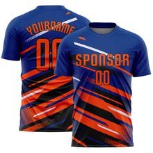 Charger l'image dans la galerie, Custom Royal Orange Black-White Grunge Stripe And Grainy Sports Sublimation Soccer Uniform Jersey