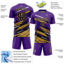 Загрузить изображение в средство просмотра галереи, Custom Purple Black Old Gold-White Grunge Stripe And Grainy Sports Sublimation Soccer Uniform Jersey