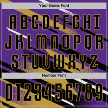 Загрузить изображение в средство просмотра галереи, Custom Purple Black Old Gold-White Grunge Stripe And Grainy Sports Sublimation Soccer Uniform Jersey