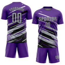 Загрузить изображение в средство просмотра галереи, Custom Purple Gray Black-White Grunge Stripe And Grainy Sports Sublimation Soccer Uniform Jersey