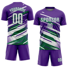 Load image into Gallery viewer, Custom Purple White-Kelly Green Grunge Stripe And Grainy Sports Sublimation Soccer Uniform Jersey