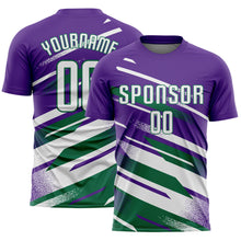 Load image into Gallery viewer, Custom Purple White-Kelly Green Grunge Stripe And Grainy Sports Sublimation Soccer Uniform Jersey