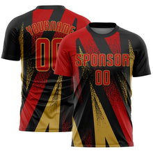 Load image into Gallery viewer, Custom Black Red-Old Gold Radial Burst Sports Sublimation Soccer Uniform Jersey