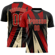 Load image into Gallery viewer, Custom Black Red-Cream Radial Burst Sports Sublimation Soccer Uniform Jersey