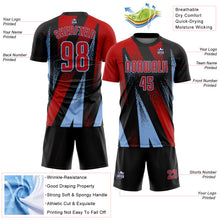 Laden Sie das Bild in den Galerie-Viewer, Custom Black Red-Light Blue Radial Burst Sports Sublimation Soccer Uniform Jersey