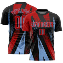 Laden Sie das Bild in den Galerie-Viewer, Custom Black Red-Light Blue Radial Burst Sports Sublimation Soccer Uniform Jersey