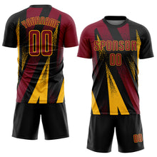 Laden Sie das Bild in den Galerie-Viewer, Custom Black Crimson-Gold Radial Burst Sports Sublimation Soccer Uniform Jersey