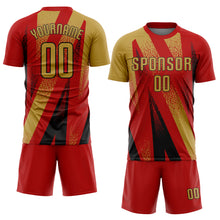 Laden Sie das Bild in den Galerie-Viewer, Custom Red Old Gold-Black Radial Burst Sports Sublimation Soccer Uniform Jersey
