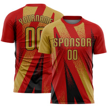 Laden Sie das Bild in den Galerie-Viewer, Custom Red Old Gold-Black Radial Burst Sports Sublimation Soccer Uniform Jersey