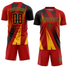 Laden Sie das Bild in den Galerie-Viewer, Custom Red Black-Gold Radial Burst Sports Sublimation Soccer Uniform Jersey