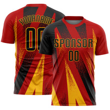 Laden Sie das Bild in den Galerie-Viewer, Custom Red Black-Gold Radial Burst Sports Sublimation Soccer Uniform Jersey