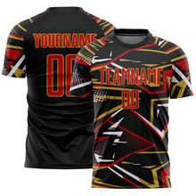 Загрузить изображение в средство просмотра галереи, Custom Black Red Old Gold-White Abstract Geometric Stripes Sports Sublimation Soccer Uniform Jersey