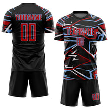 Load image into Gallery viewer, Custom Black Red Light Blue-White Abstract Geometric Stripes Sports Sublimation Soccer Uniform Jersey