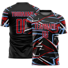 Load image into Gallery viewer, Custom Black Red Light Blue-White Abstract Geometric Stripes Sports Sublimation Soccer Uniform Jersey