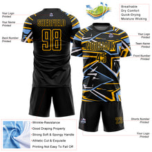 Charger l'image dans la galerie, Custom Black Light Blue Gold-White Abstract Geometric Stripes Sports Sublimation Soccer Uniform Jersey