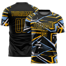 Charger l'image dans la galerie, Custom Black Light Blue Gold-White Abstract Geometric Stripes Sports Sublimation Soccer Uniform Jersey