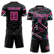 Load image into Gallery viewer, Custom Black Pink Teal-White Abstract Geometric Stripes Sports Sublimation Soccer Uniform Jersey