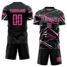 Load image into Gallery viewer, Custom Black Pink Kelly Green-White Abstract Geometric Stripes Sports Sublimation Soccer Uniform Jersey