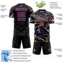 Charger l'image dans la galerie, Custom Black Purple Old Gold-White Abstract Geometric Stripes Sports Sublimation Soccer Uniform Jersey