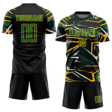 Load image into Gallery viewer, Custom Black Kelly Green Gold-White Abstract Geometric Stripes Sports Sublimation Soccer Uniform Jersey