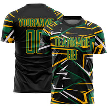 Load image into Gallery viewer, Custom Black Kelly Green Gold-White Abstract Geometric Stripes Sports Sublimation Soccer Uniform Jersey