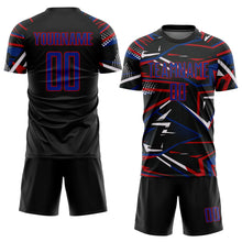 Загрузить изображение в средство просмотра галереи, Custom Black Royal Gold-White Abstract Geometric Stripes Sports Sublimation Soccer Uniform Jersey