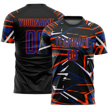 Load image into Gallery viewer, Custom Black Royal Orange-White Abstract Geometric Stripes Sports Sublimation Soccer Uniform Jersey