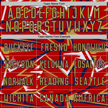 Laden Sie das Bild in den Galerie-Viewer, Custom Red Old Gold Navy-White Abstract Geometric Stripes Sports Sublimation Soccer Uniform Jersey