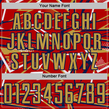 Laden Sie das Bild in den Galerie-Viewer, Custom Red Old Gold Navy-White Abstract Geometric Stripes Sports Sublimation Soccer Uniform Jersey