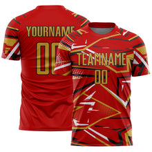 Laden Sie das Bild in den Galerie-Viewer, Custom Red Old Gold Black-White Abstract Geometric Stripes Sports Sublimation Soccer Uniform Jersey