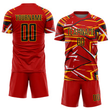 Laden Sie das Bild in den Galerie-Viewer, Custom Red Black Gold-White Abstract Geometric Stripes Sports Sublimation Soccer Uniform Jersey