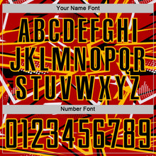 Laden Sie das Bild in den Galerie-Viewer, Custom Red Black Gold-White Abstract Geometric Stripes Sports Sublimation Soccer Uniform Jersey