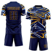 Charger l'image dans la galerie, Custom Navy Light Blue Gold-White Abstract Geometric Stripes Sports Sublimation Soccer Uniform Jersey