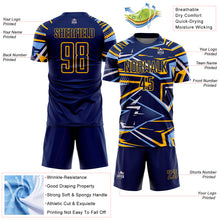 Charger l'image dans la galerie, Custom Navy Light Blue Gold-White Abstract Geometric Stripes Sports Sublimation Soccer Uniform Jersey