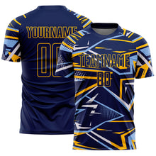 Charger l'image dans la galerie, Custom Navy Light Blue Gold-White Abstract Geometric Stripes Sports Sublimation Soccer Uniform Jersey