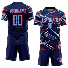 Charger l'image dans la galerie, Custom Navy Light Blue Red-White Abstract Geometric Stripes Sports Sublimation Soccer Uniform Jersey