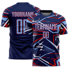 Charger l'image dans la galerie, Custom Navy Light Blue Red-White Abstract Geometric Stripes Sports Sublimation Soccer Uniform Jersey