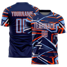 Charger l'image dans la galerie, Custom Navy Light Blue Orange-White Abstract Geometric Stripes Sports Sublimation Soccer Uniform Jersey
