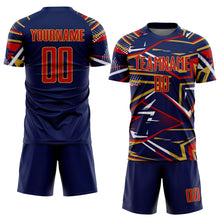 Load image into Gallery viewer, Custom Navy Red Old Gold-White Abstract Geometric Stripes Sports Sublimation Soccer Uniform Jersey