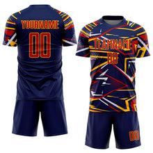 Load image into Gallery viewer, Custom Navy Red Gold-White Abstract Geometric Stripes Sports Sublimation Soccer Uniform Jersey