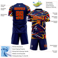 Load image into Gallery viewer, Custom Navy Red Gold-White Abstract Geometric Stripes Sports Sublimation Soccer Uniform Jersey
