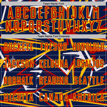 Load image into Gallery viewer, Custom Navy Red Gold-White Abstract Geometric Stripes Sports Sublimation Soccer Uniform Jersey